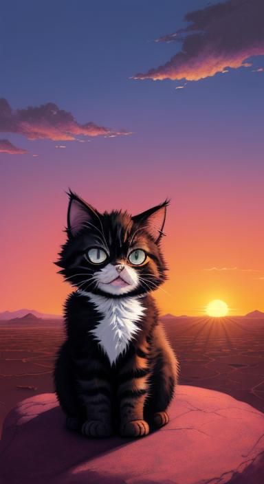 Grumpy Kitten at Sunset in Anime Style
