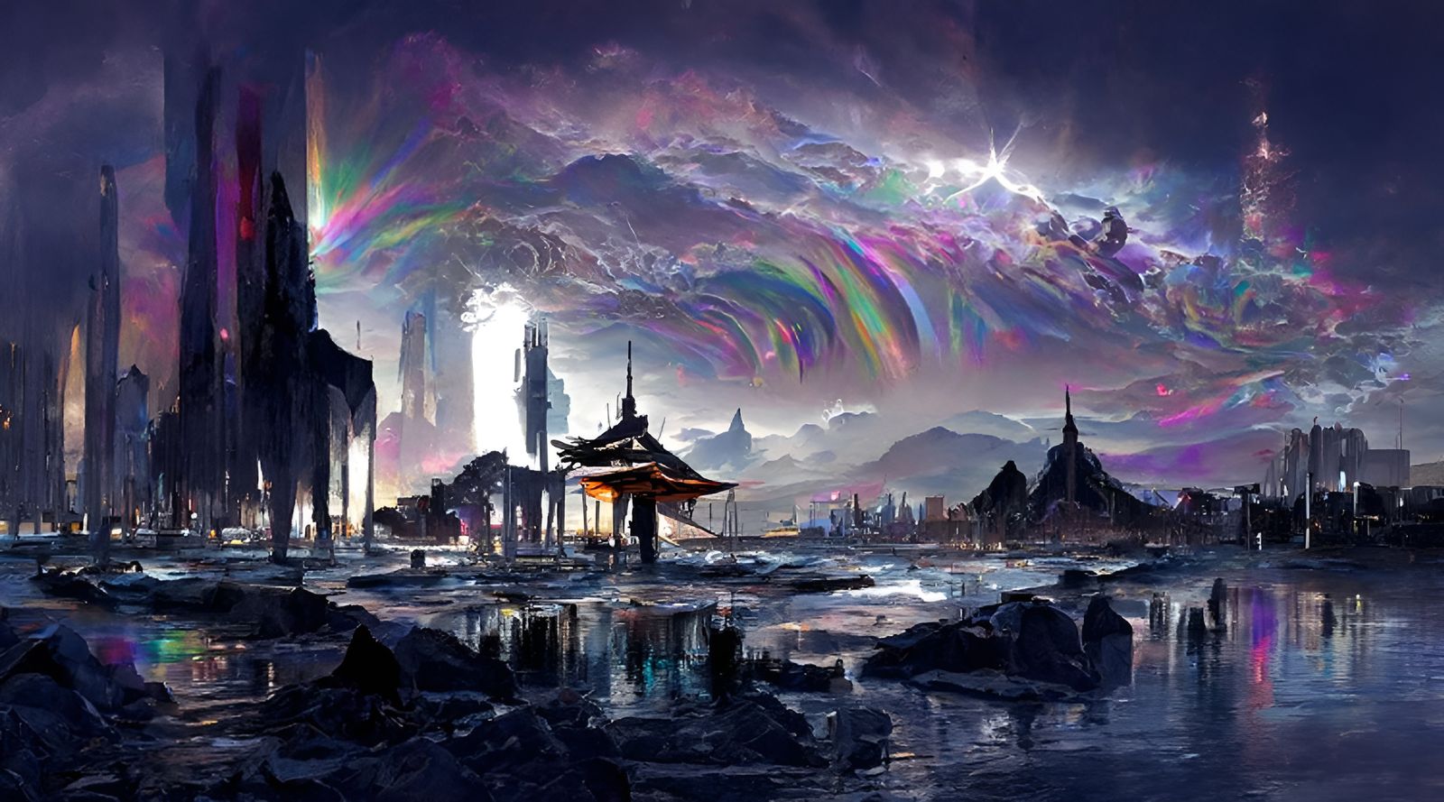 Stormlight City of Gods: Dark Rainbow Ukiyo-e Landscape