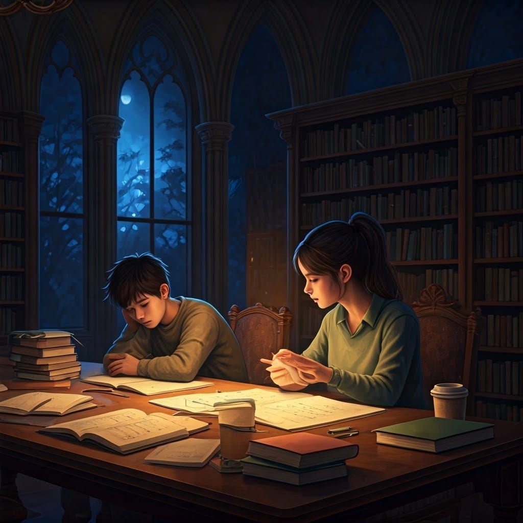 Night Study Session in Moonlit Library