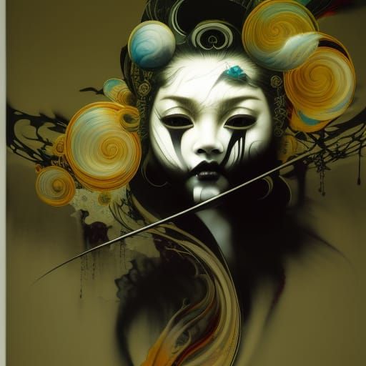 Elegant Geisha in Black Ink Gouache Painting