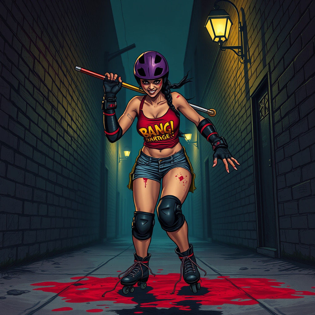 Skating Woman with Hedge Trimmer in Comic Book Style