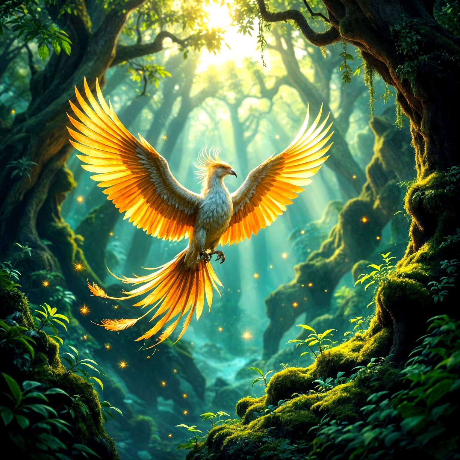 Mythical Bird Soaring Through Enchanted Forest