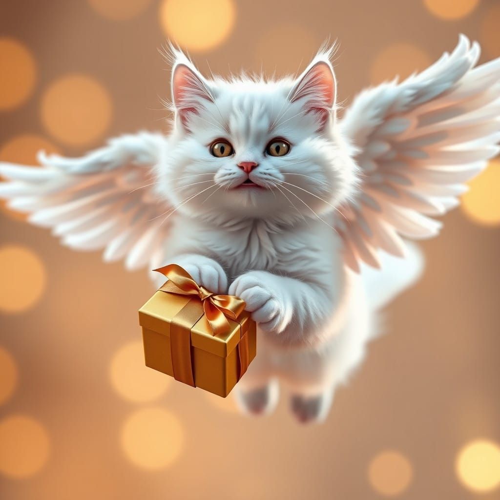 Whimsical White Cat in Flight with Golden Gift