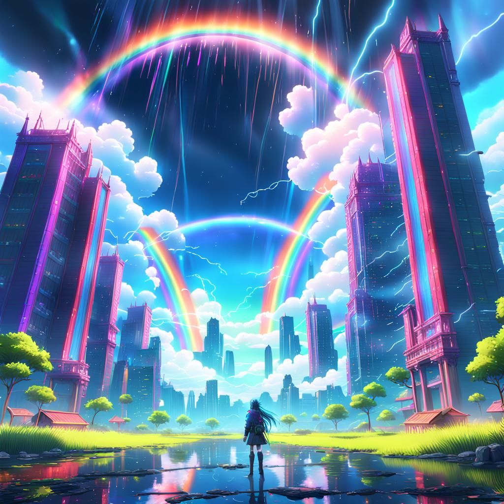 Vibrant Anime Double Rainbow in Neon Light