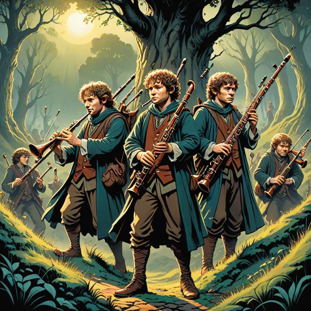 Hobbits Play Bassoons in a Whimsical Comic Book Art Style
