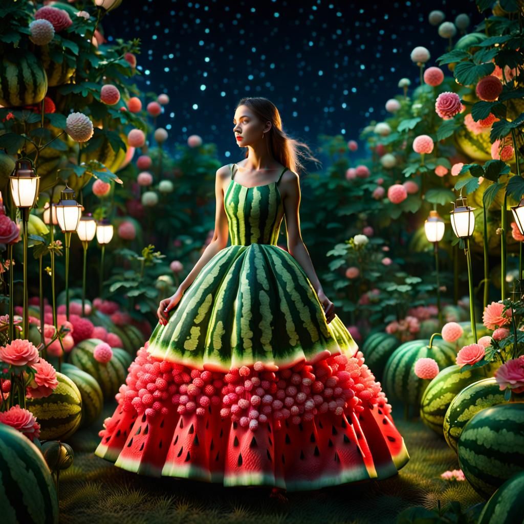 Model in Watermelon Dress in Flower Garden at Night