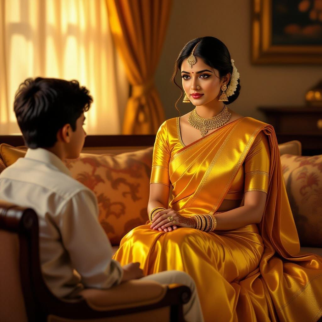 Beautiful Indian Woman in Yellow Sari on Sofa