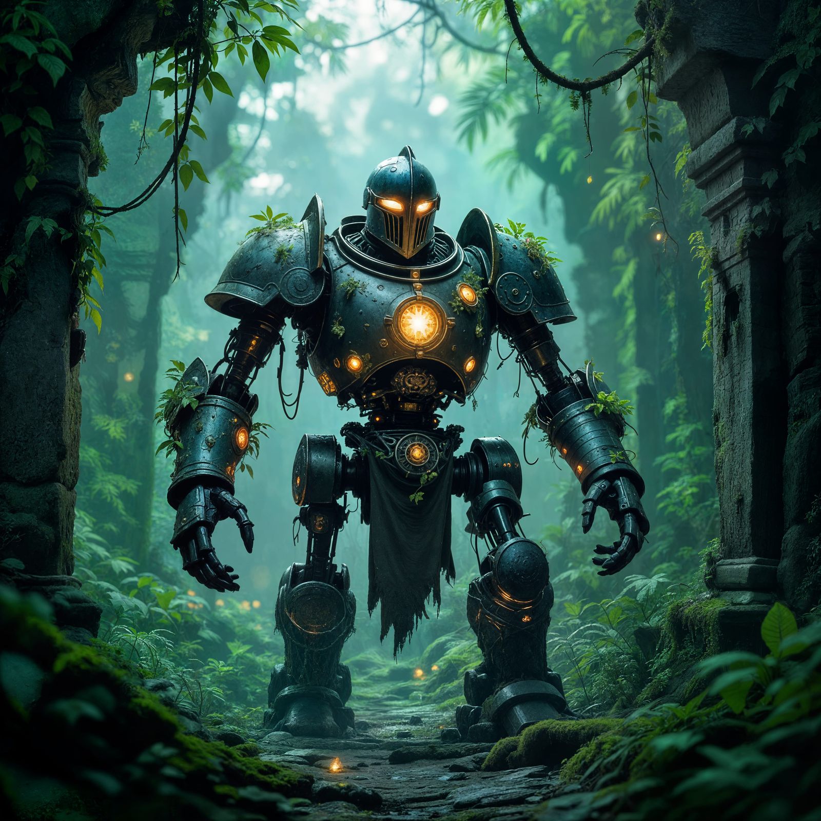 Mossy Knight Automaton in Jungle Ruins, Dark Fantasy Matte P...