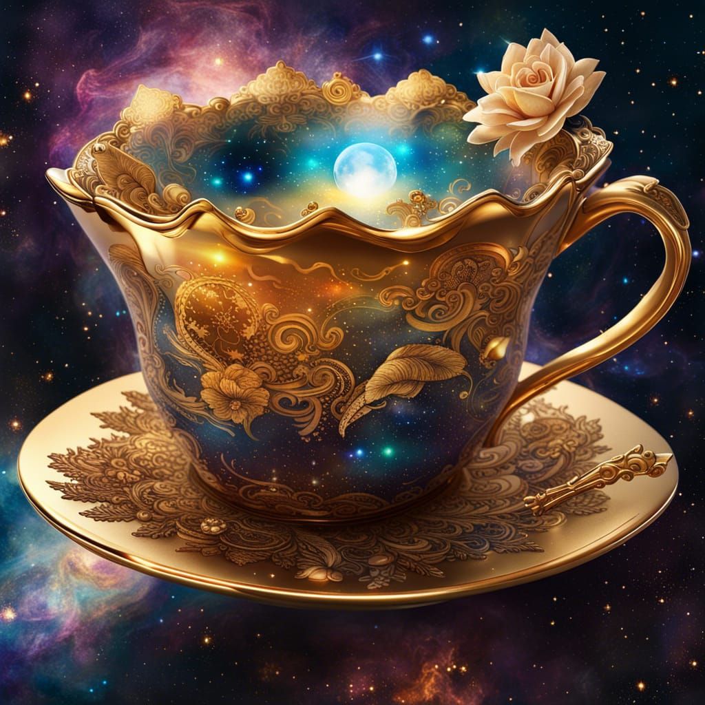 Intergalactic Ship Sails in Gold Teacup, Detailed Image