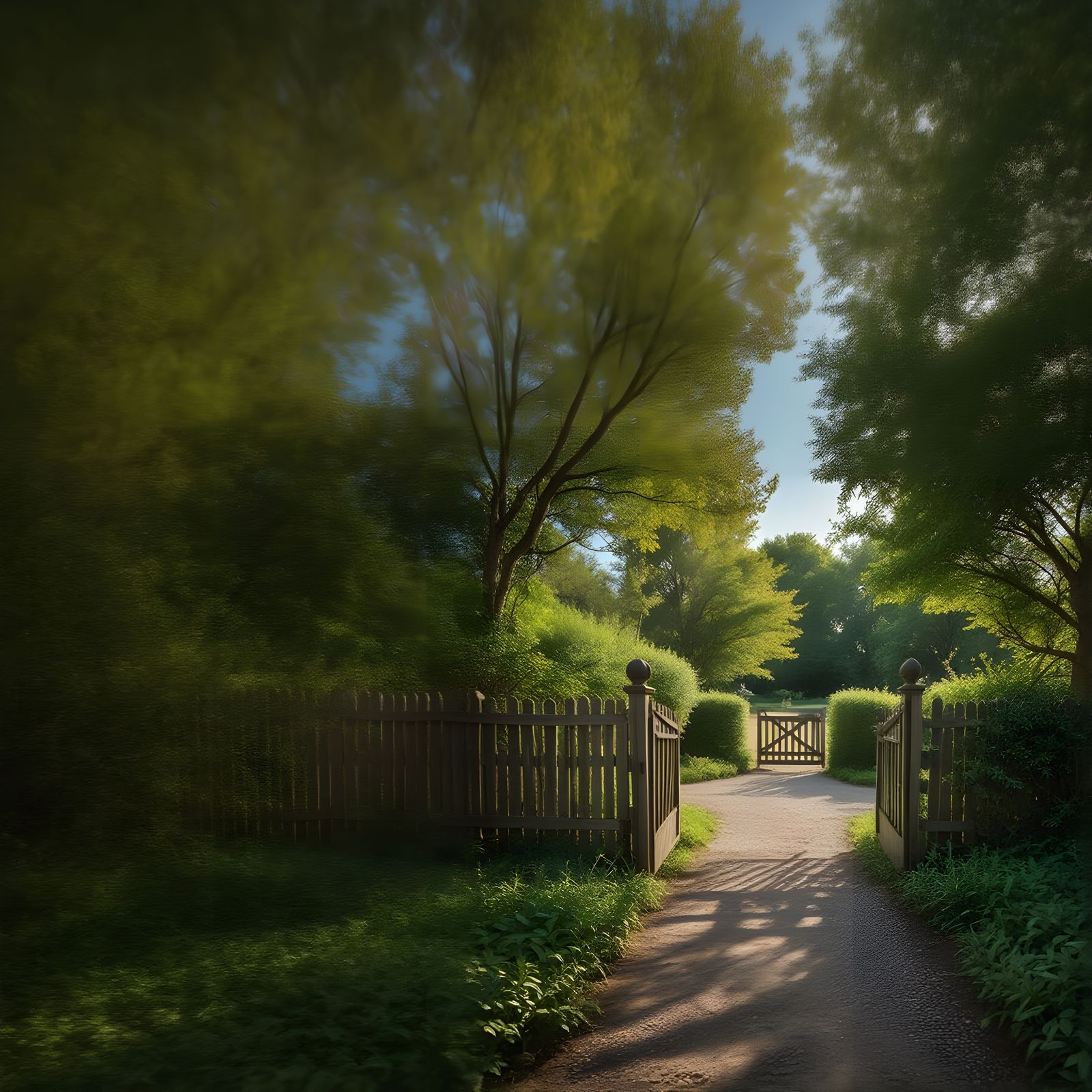 Sunlit Backyard with Gravel Path and Gate