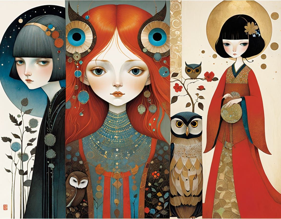 Whimsical Owl Illustration in Art Nouveau Style