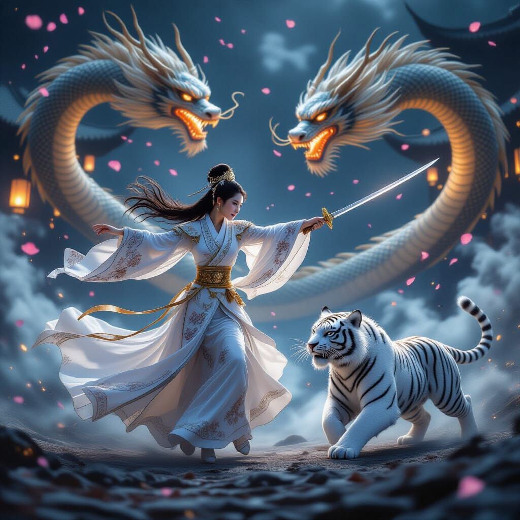 Epic Princess Battles Dragon in Misty Battlefield