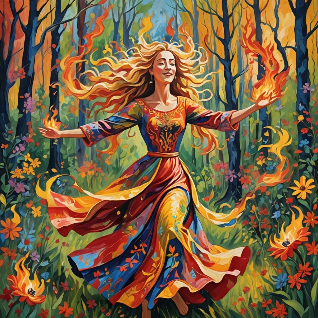Goddess of Fire Dancing in Whimsical Forest
