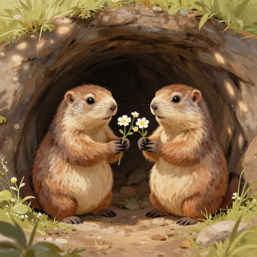 Whimsical Marmots Exchanging Flowers in Cozy Burrow