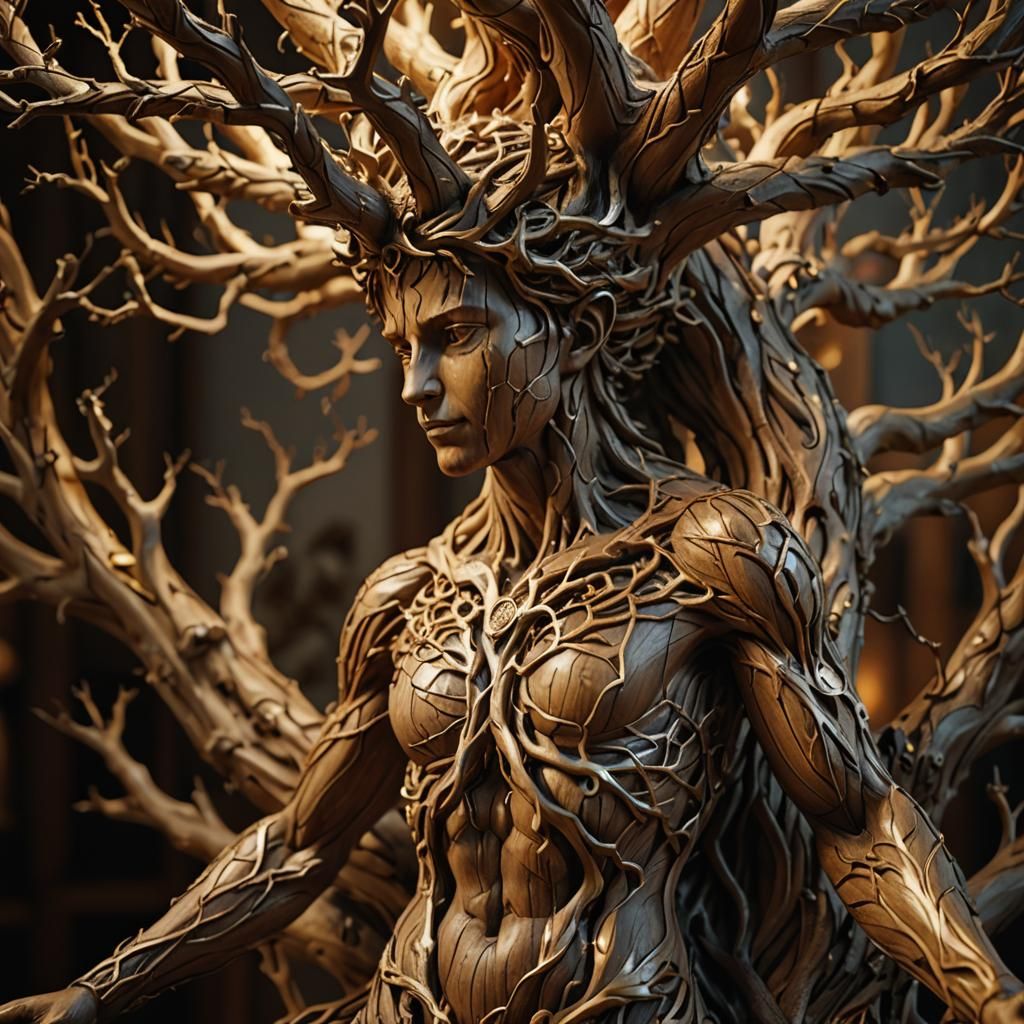 Ornate Yggdrasil Statue in Hyperrealistic Digital Sculpture
