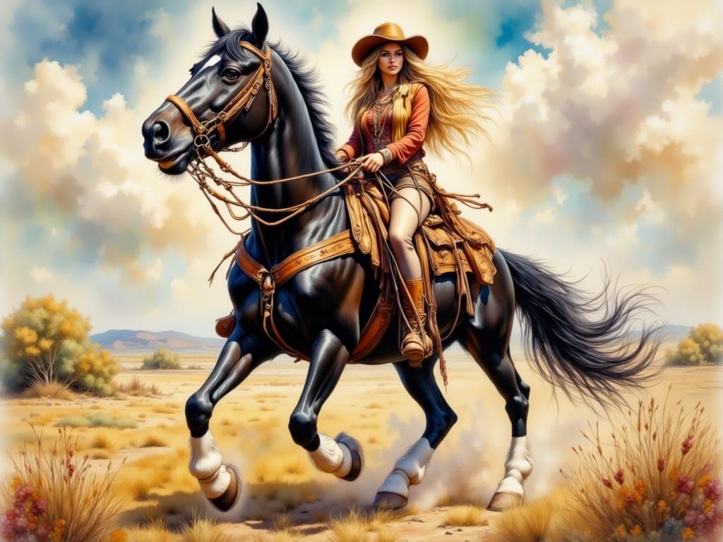 Cowgirl on Black Horse in Western Landscape