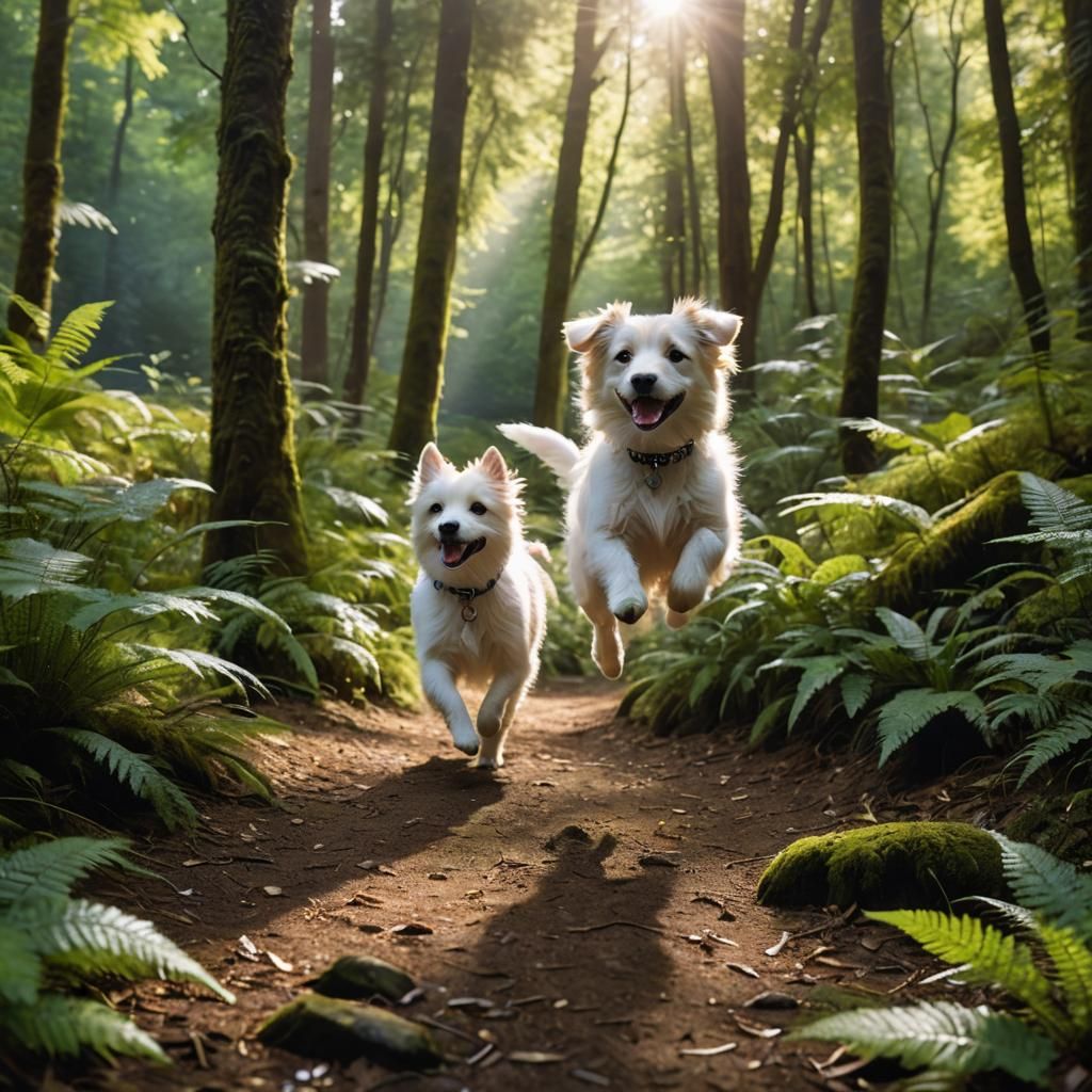 Dog Runs Through Luminous Forest, Cinematic
