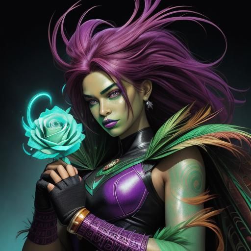 Peacock Haired Woman with Flowers in Splash Art
