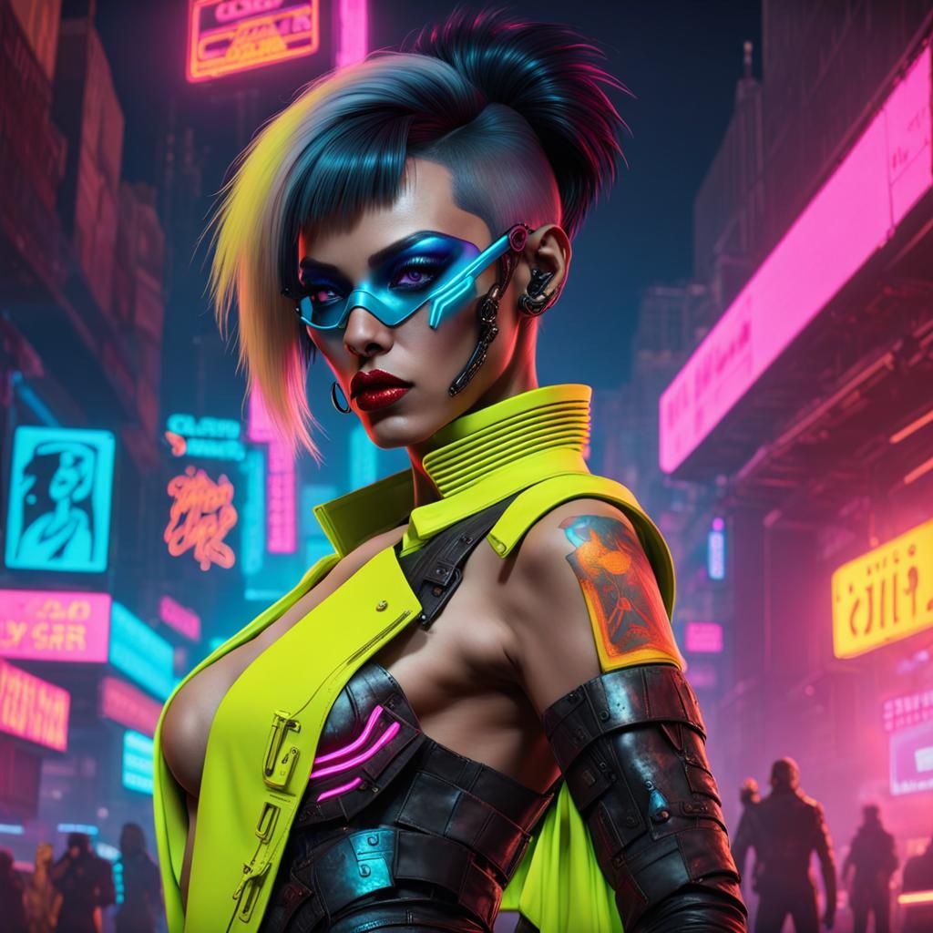 Cyberpunk Drag Queen in Neon Cityscape