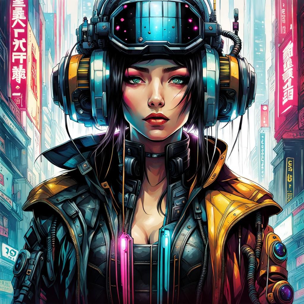 Cyberpunk Cyborg in Cel-Shaded Digital Art Style