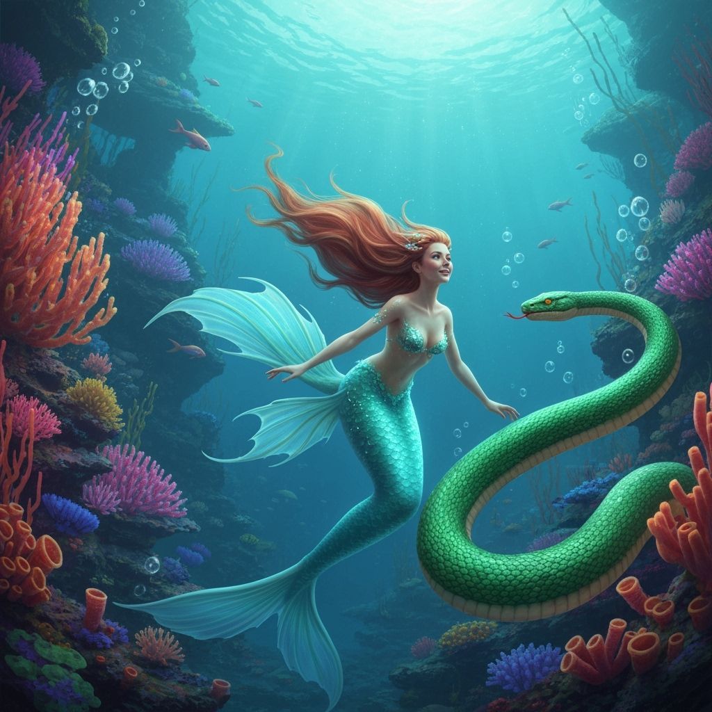 Ethereal Mermaid with Serpent in Dreamlike Kingdom