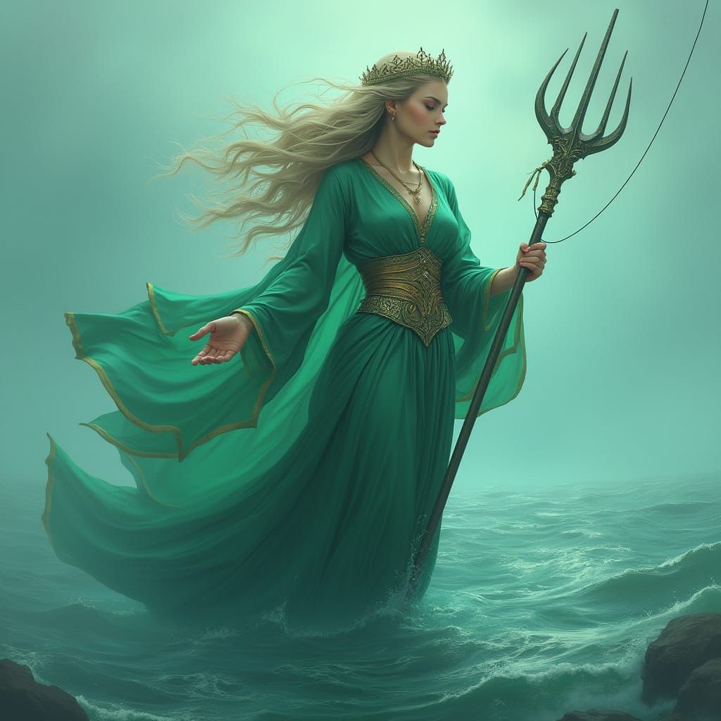 Female Poseidon Fishing in Serene Ocean