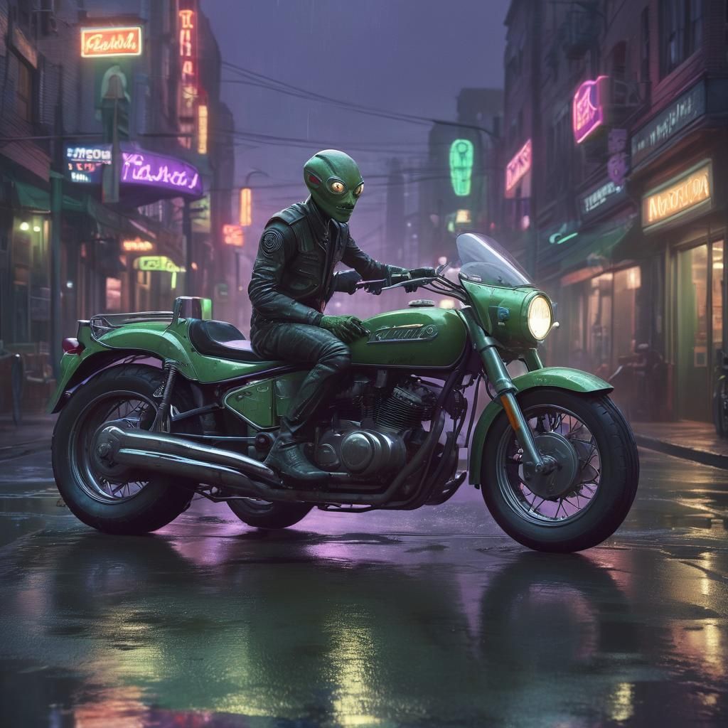 Green Alien on Motorcycle, Retro-Futuristic Oil Painting