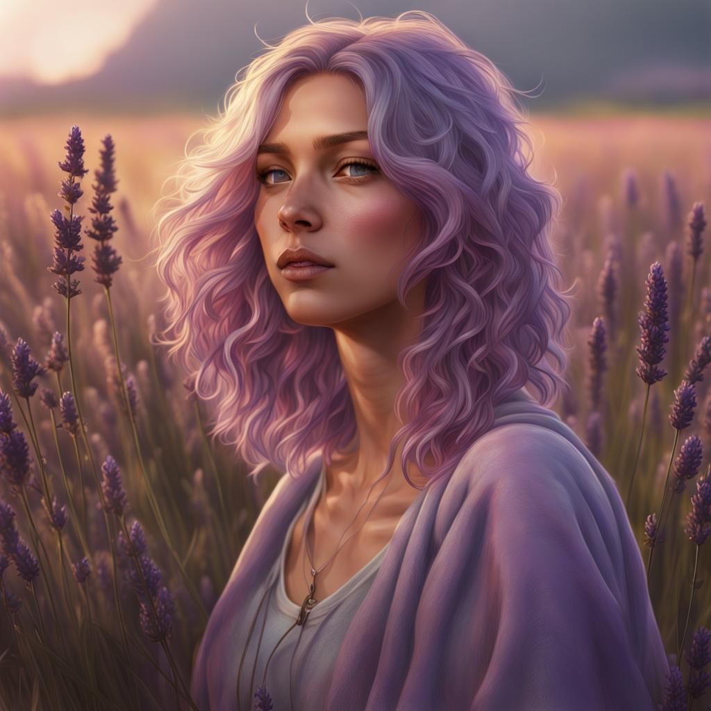 Lavender-Haired Woman in Field: Art Nouveau Portrait