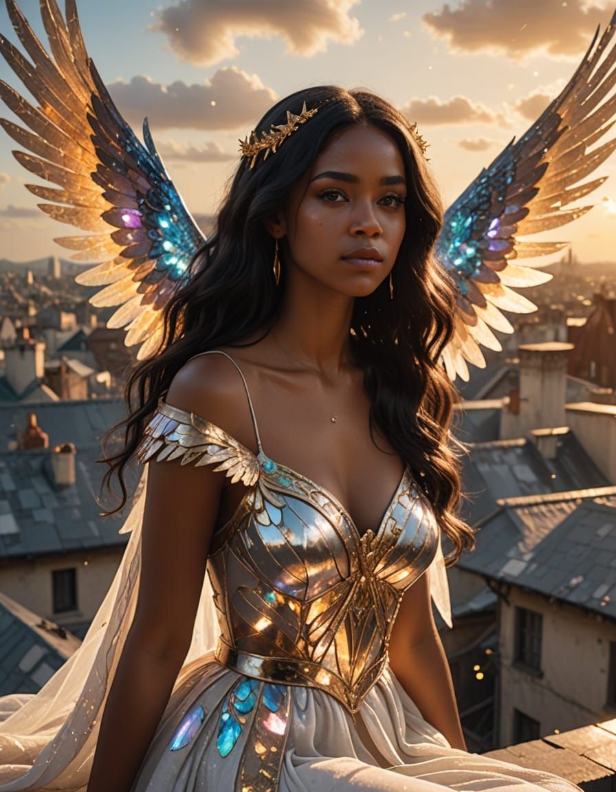 Sparkling Dominican Woman Portrait with Iridescent Wings