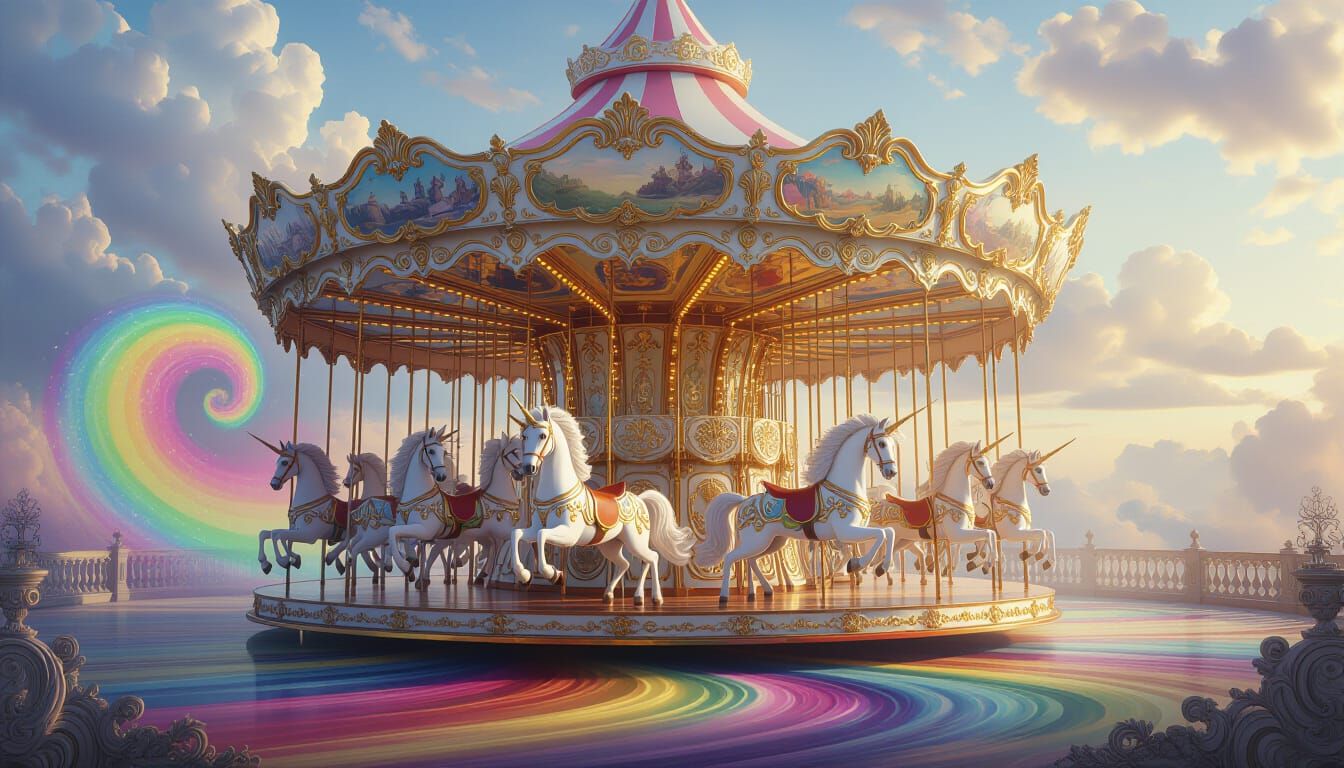 Majestic Rococo Carousel with Rearing Unicorns