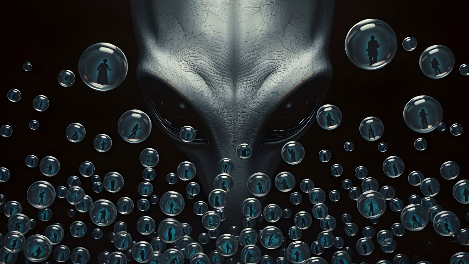 Unsettling Alien in Noir Style with Bubble People