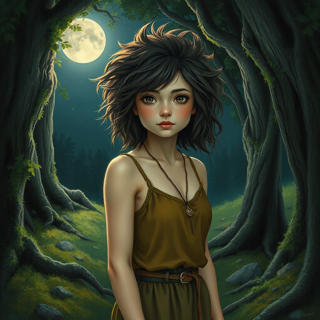 Primal Woman in Moonlit Forest, Magical Realism Style
