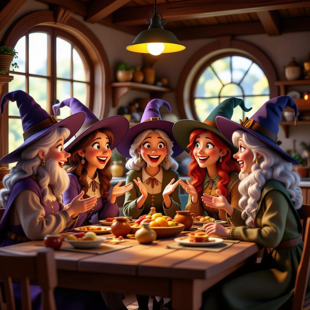 Whimsical Witches Chatting in Cozy Kitchen