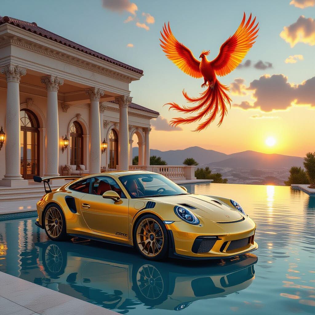Gold Porsche 911 GT3 RS in Luxury Pool House with Phoenix
