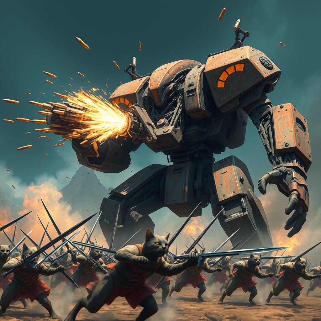 Mechanical Warrior Unleashes Fury on Feline Armies in Dystop...