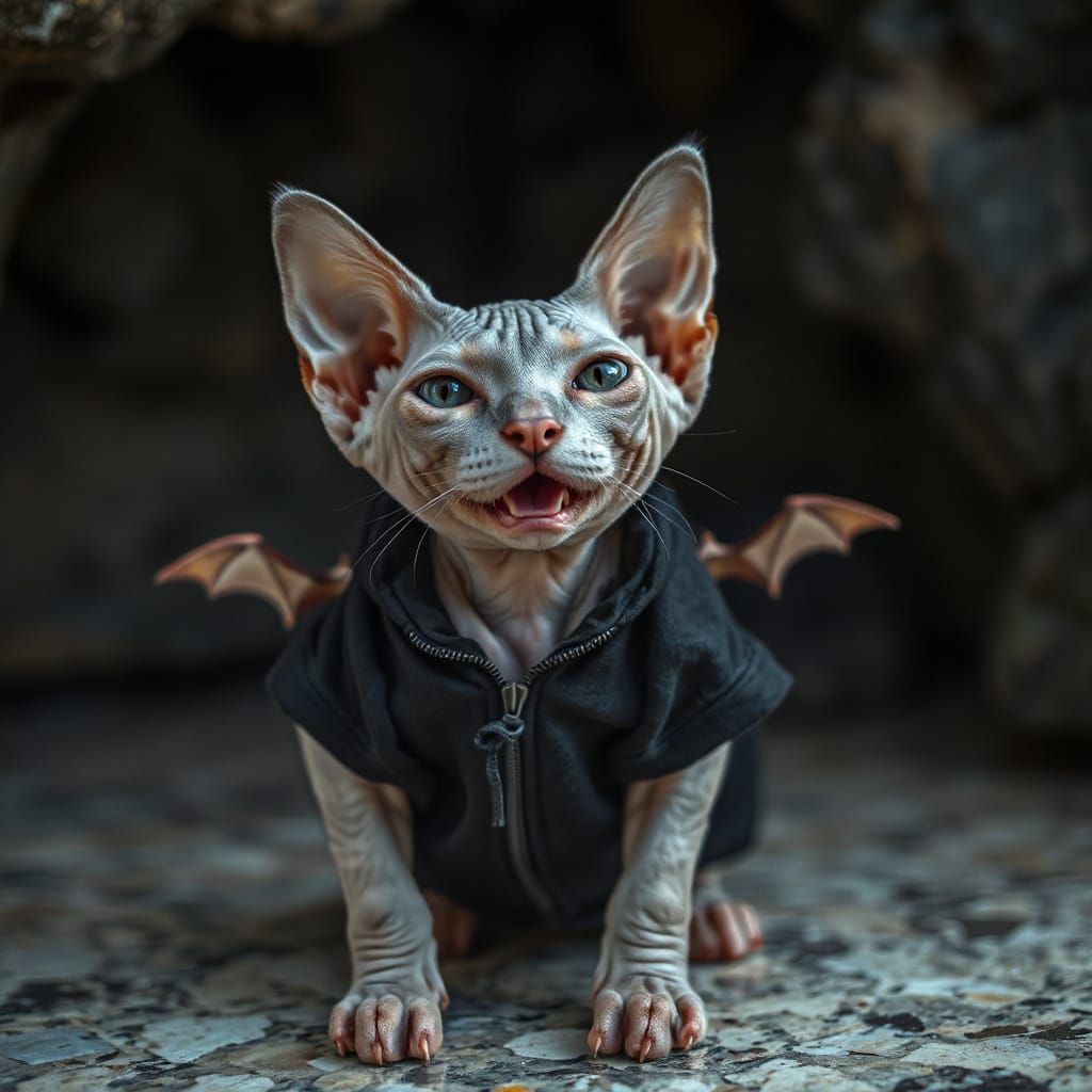 Adorable Sphynx Cat in Bat Wings Costume