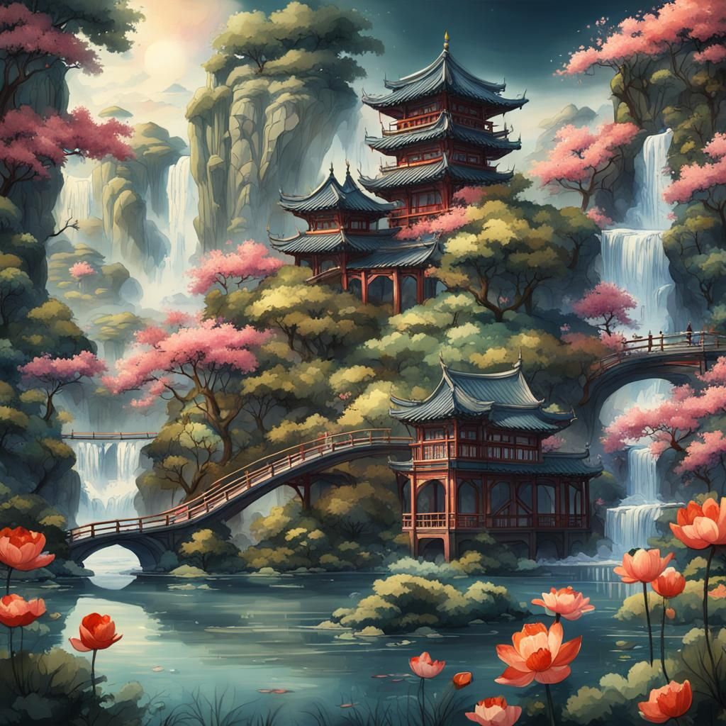 Oriental Garden with Sakura, Lotus, and Waterfall