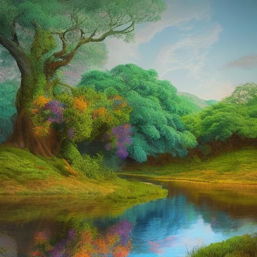 Surreal Tree Roots Flowing into River of Color