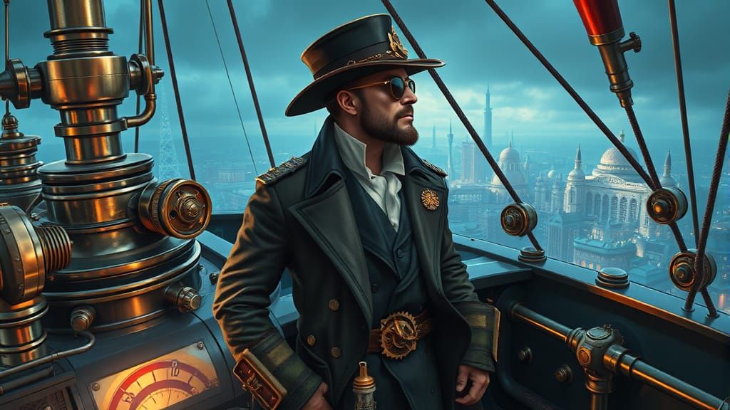 Steampunk Explorer on Airship Bridge with Alien Cityscape