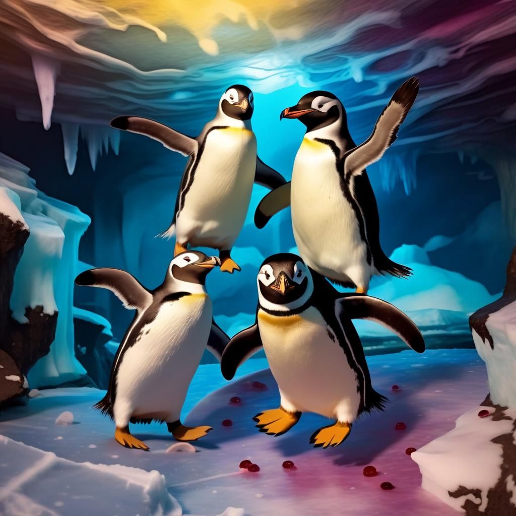 Whimsical Penguins Jumping on Ice Floes in Watercolor Style