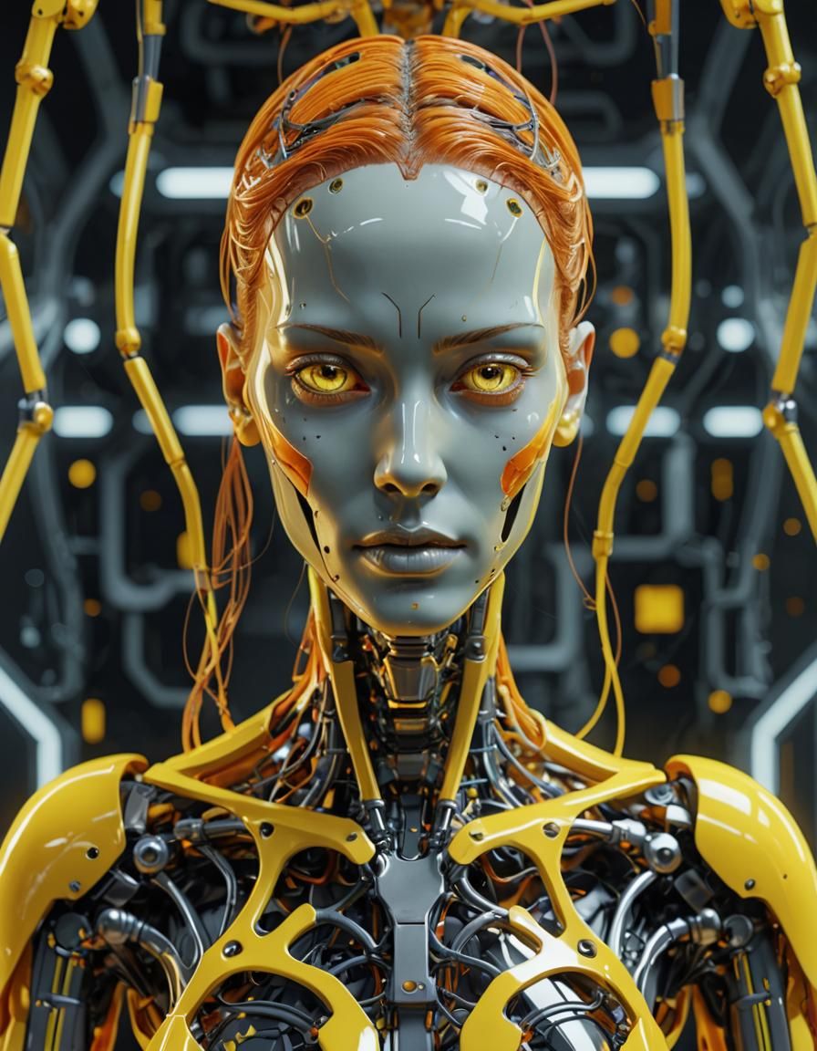 a humanlike female android neon yellow and orange android ev...