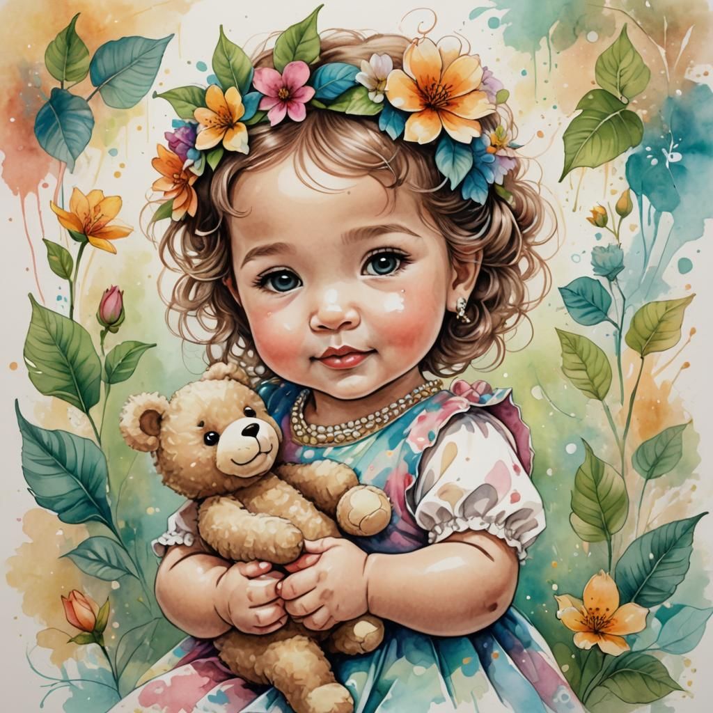 a colorful ink drawing of an adorable toddler with a flower in her hair holding her cute teddy, soft airbrushed artwork,...