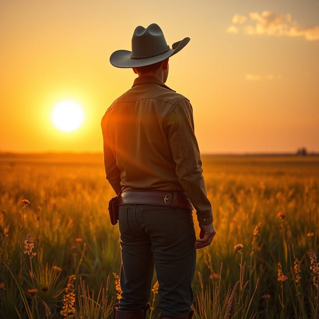 Heroic Cowboy in Sunset Texas Field