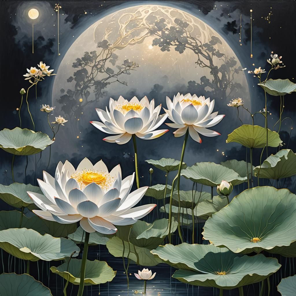 Glowing Pearl Lotus with LED Illumination in Ink Wash Style