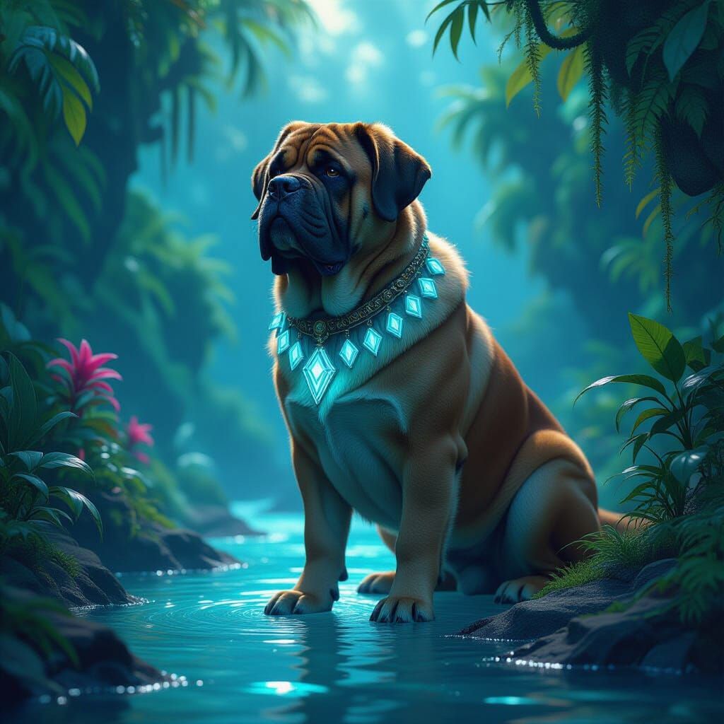 Majestic Mastiff in Bioluminescent Jungle