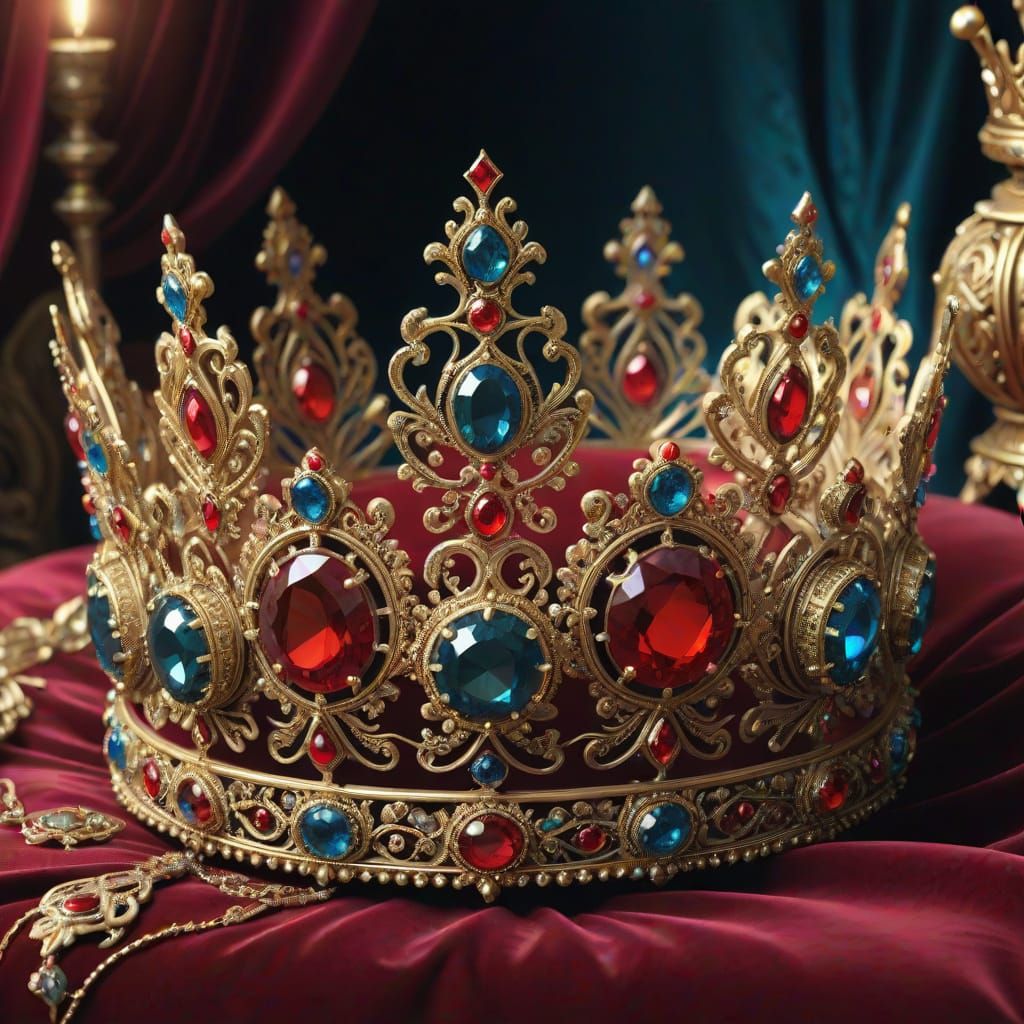 Majestic Fantasy Crowns and Tiaras on Velvet Cushion