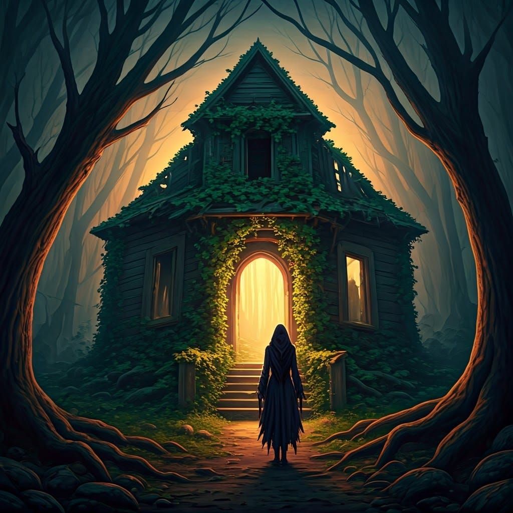 Eerie Woman at Ruined House in Gloomy Forest