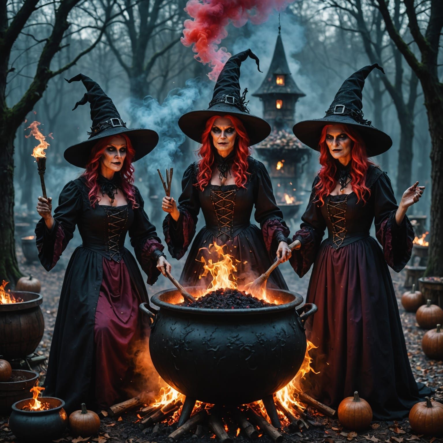 Scary Witches Brewing Magical Potion in Fiery Cauldron