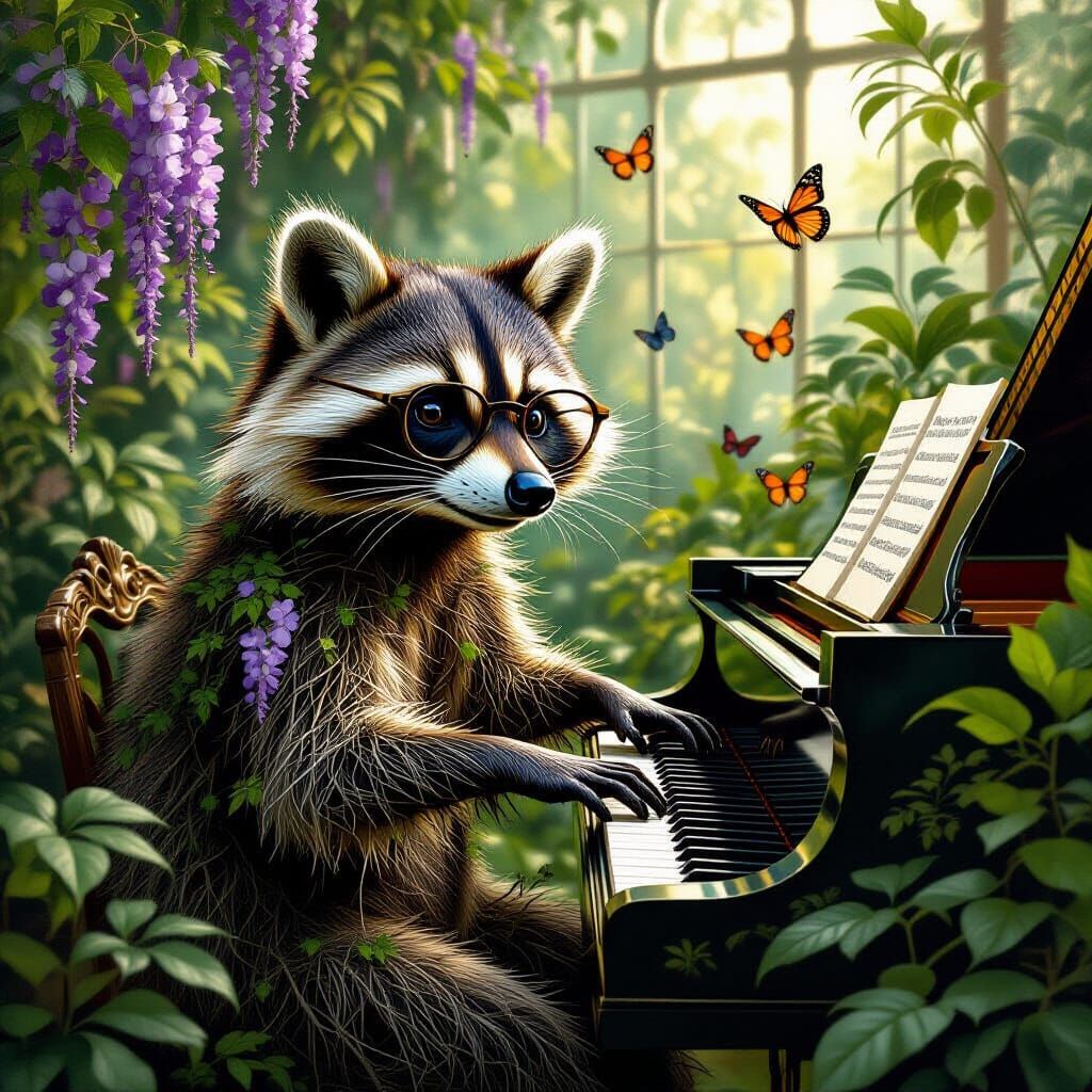 Raccoon Made of Vines Plays Piano, Classical Style