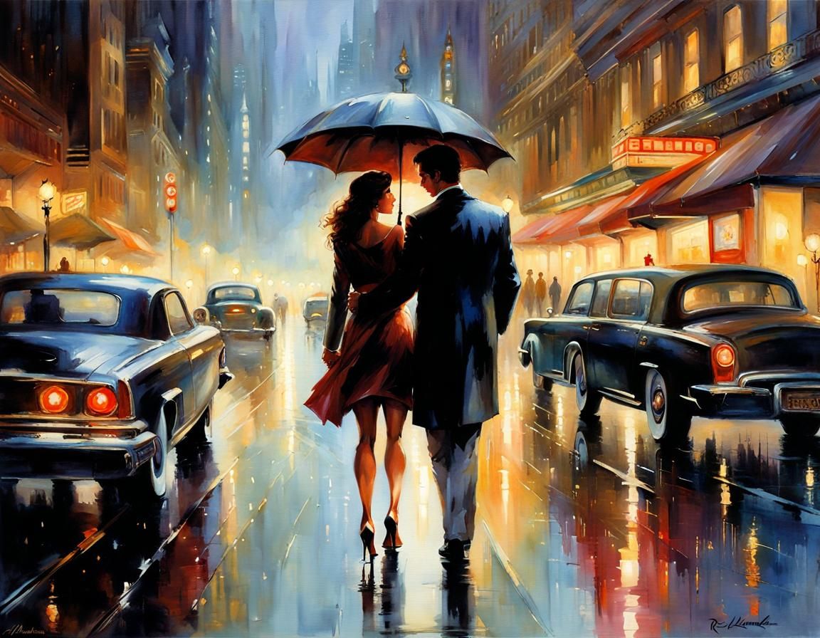Romantic Couple in Rainy Futuristic Cityscape